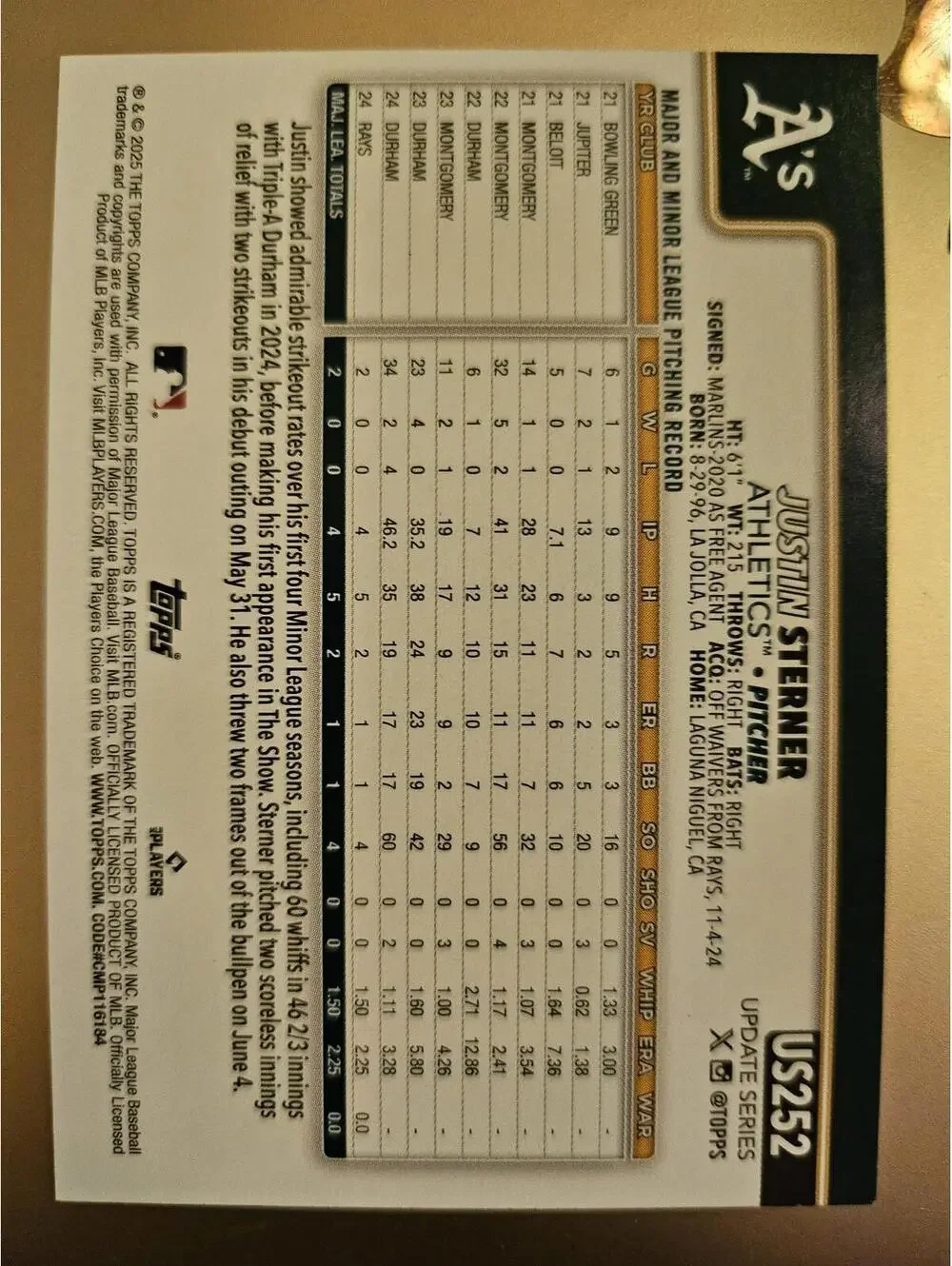 Justin Sterner (RC) 2025 Topps Update - #US252 - Oakland A's - RAW Mint - Picture 2 of 2